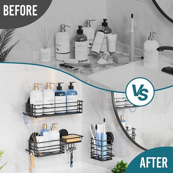 TAILI Shower Caddy Suction Cup, 3 Pack Shelves for Inside with Hooks & Soap holder Toothbrush Cups, Removable Bathroom Organizer, Rustproof Black Holder Storage-Black - ModernBath