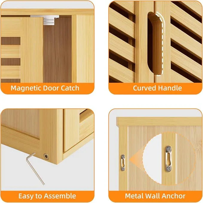 HITNET Bathroom Wall Cabinet, Medicine Cabinet Over The Toilet, Bamboo Hanging Storage Organizer with 2 Doors and Adjustable Shelf for Kitchen, Living Room, Natural - ModernBath