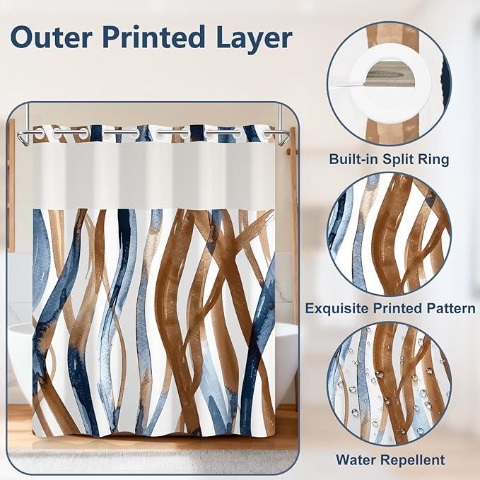 Blue and Brown Striped Shower Curtain and Liner Set, Hotel Luxury Waterproof Double Layers Fabric No Hook Shower Curtain, Modern Abstract Geometric Bathroom Curtains with Top Sheer Window, 71x74 Inch - ModernBath