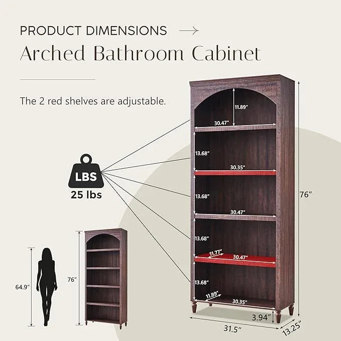 76" Tall Arched Bathroom Storage Cabinet, 5 Tiers Large Farmhouse Arched Cabinet w/Adjustable Shelves, Modern Wooden Storage Cabinet for Bathroom, Living Room, Entryway, Study Room (Brown) - ModernBath