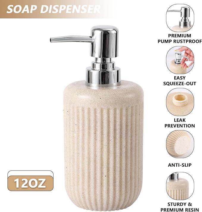 XLHOMO Resin Beige Bathroom Accessories Set 5 Pcs, Lotion Soap Dispenser, Toothbrush Holder, Bathroom Tumbler, Qtip Holder and Vanity Tray, Bathroom Countertop Organizer Set for Modern Home Apartment - ModernBath
