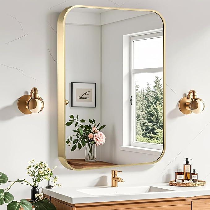 CLBA Gold Bathroom Mirror, 24x36 Inch Brushed Gold Mirror, Aluminum Alloy Framed Vanity Mirror, Rounded Rectangle Mirror for Over Sink, Anti-Rust (Horizontally or Vertically) - ModernBath