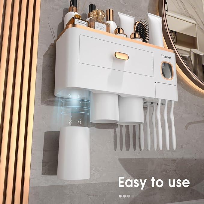 iHave Toothbrush Holders Wall Mounted with Toothpaste Dispenser & 3 Cups - Premium White and Gold Design for Bathroom Decor, All-in-One Bathroom Organizers & Storage for Toothbrushes and Accessories - ModernBath