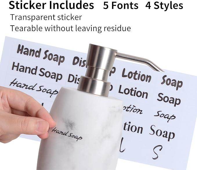 Clasin Home Resin Hand Soap Dispenser, Refillable Soap Dispenser with White Marble Look and Metallic Pump, Waterproof Bottle Labels for Bathroom Kitchen Dish Hand Wash Shower Lotion Shampoo (12 Oz) - ModernBath