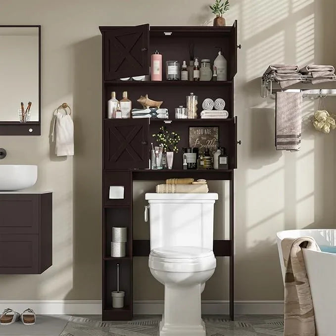 Over The Toilet Storage Cabinet, Farmhouse Storage Cabinet Over Toilet with 4 Barn Doors & Toilet Paper Holder Stand, Espresso Toilet Shelf Home Space Saver for Restroom, Bathroom, Laundry - ModernBath