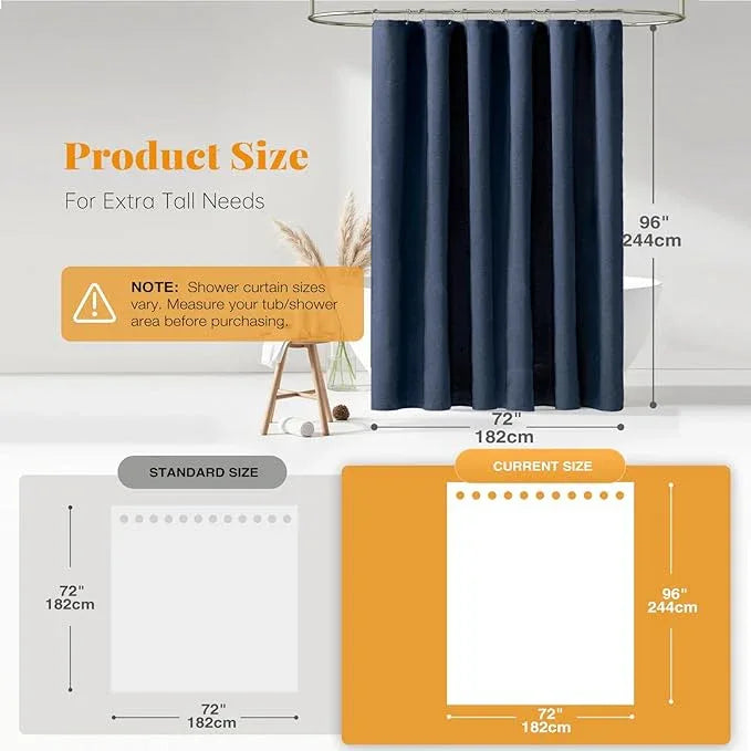 BTTN Blue Extra Long Shower Curtain, 72x96 Inch Long Linen Textured Heavy Duty Fabric Shower Curtain Set with 12 Hooks, Tall Decorative Neutral Waterproof Cloth Shower Curtain for Bathroom, Navy Blue - ModernBath