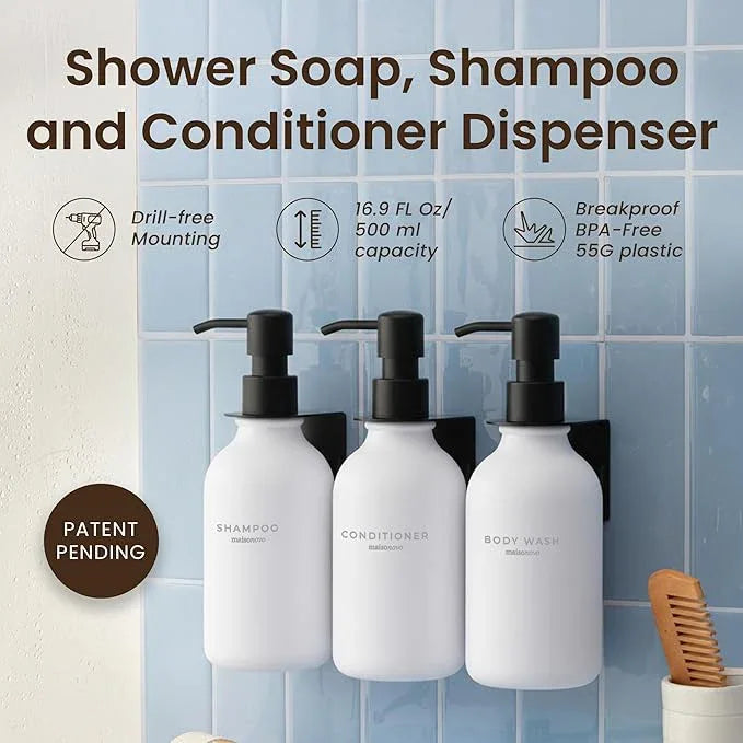MaisoNovo Shampoo and Conditioner Dispenser - Shower Soap Dispenser Wall Mounted - 16.9 fl oz Set of 3 White Plastic Bottles Black Pump - 3 Chamber No Drill - ModernBath