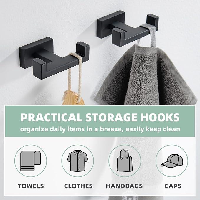 APLusee Double Bath Towel Hook 2 Pack, 304 Stainless Steel Square Dual Coat Holder, Modern Bathroom Kitchen Storage Hanger Wall Mounted, Matte Black - ModernBath