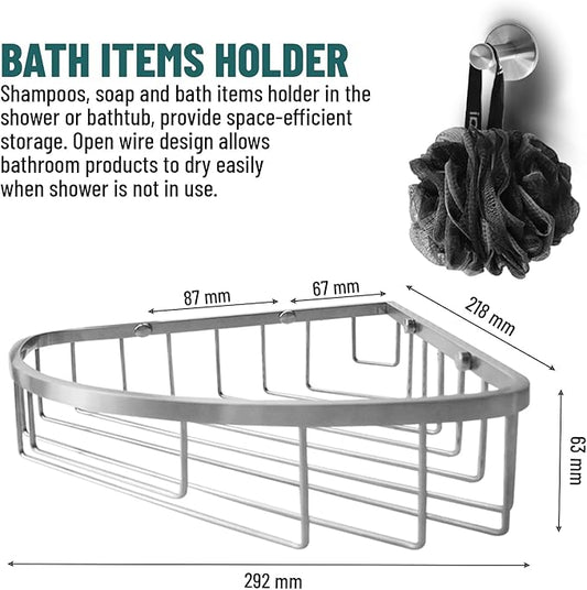 Stainless Steel Wall Mount Shower Caddy, Single Hook & Bath Wipe Waterproof Durable Corner Shower Rack for Bathroom Space Saving Bathroom Organizer & Storage for Shampoos Soap Bath Items Brushed