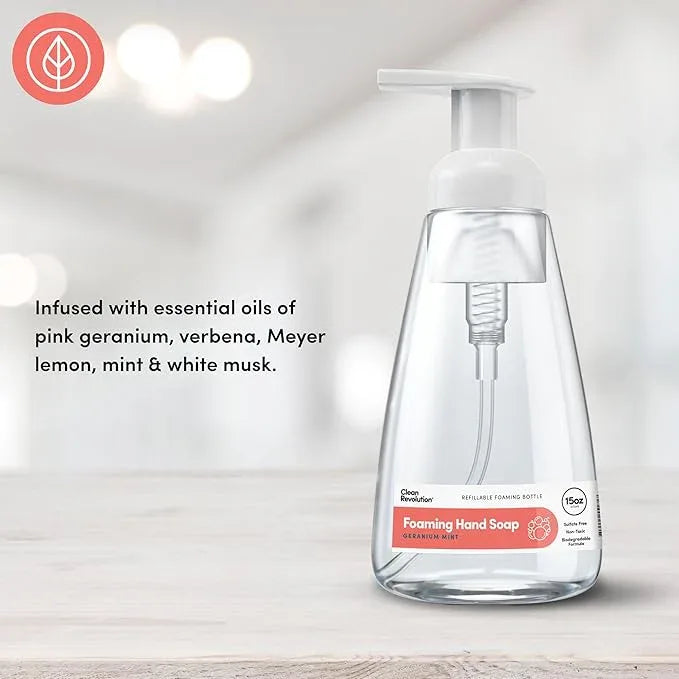 Clean Revolution Foaming Hand Soap, Gentle, Moisturizing, Ready To Use Formula, Real Essential Oils, Gluten Free, Geranium Mint, 15.25 Fl Oz - ModernBath