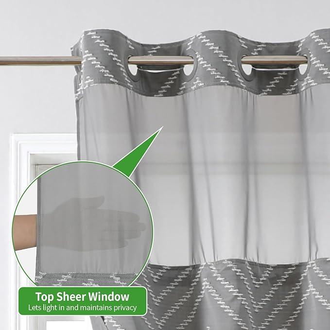 eachope Extra Long Grey No Hook Shower Curtain with Snap-in Liner Set,Boho White Woven Fabric Tufted Chevron Striped Design,Modern Chic Minimalist Bathroom Curtain,71x86 - ModernBath