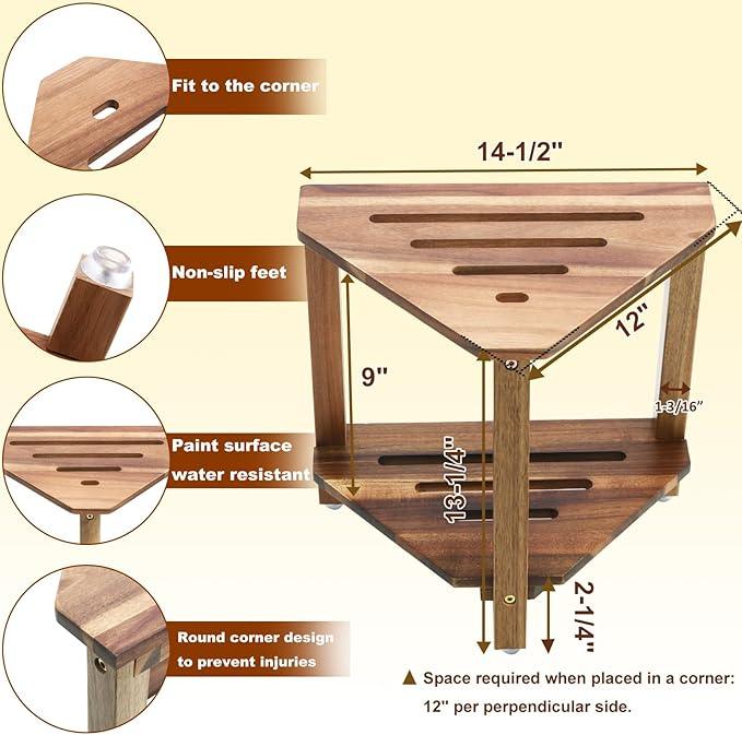 IBosins Corner Shower Stool with Storage Shelf Shower Foot Rest for Shaving Legs Small Bench for Inside Shower to Sit on Bath Seat - Acacia Wood - ModernBath
