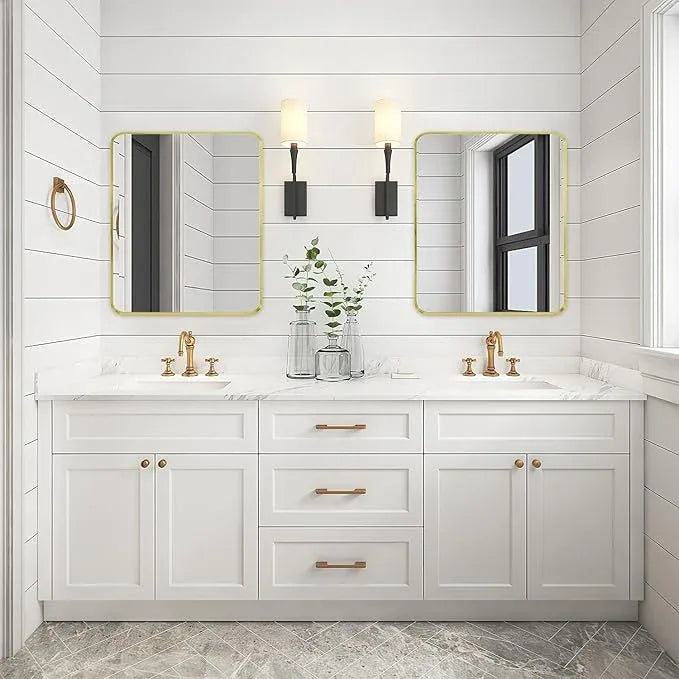 Minuover Gold Metal Framed Bathroom Mirror for Wall, Brushed Gold Rounded Corner Rectangular Bathroom Vanity Mirror, Anti-Rust, Tempered Glass (30" x 36", Gold) - ModernBath