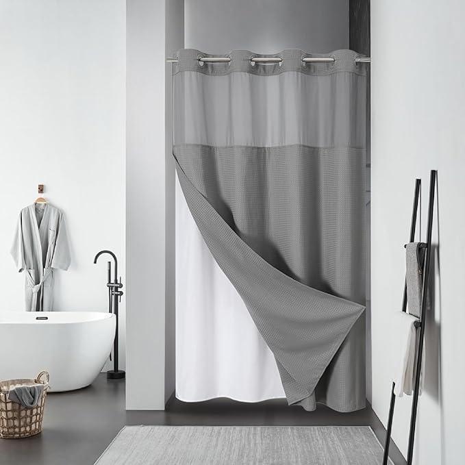 eachope Grey No Hook Waffle Weave Shower Curtain with snap-in Liner Replacement, 230GSM Waterproof Fabric Hotel Shower Curtain Set for Bathroom, Through Mesh Top Window,60Wx86H - ModernBath