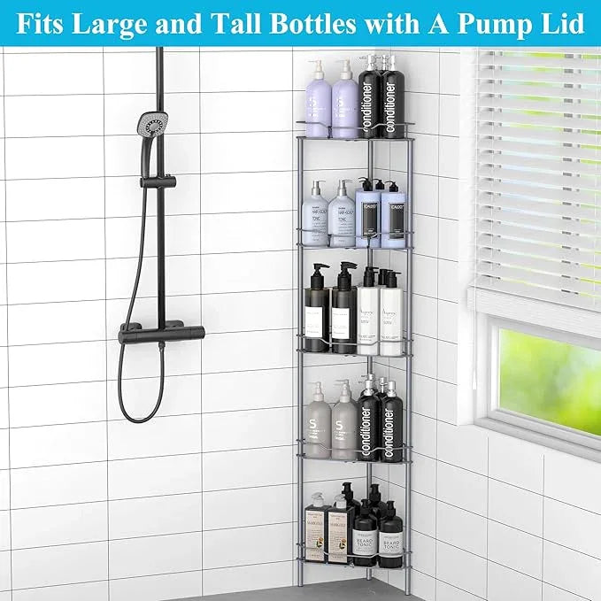 5 Tier Floor Standing Corner Shower Caddy Organizer Shelf with Hooks, Bathroom Shelves Stand Rack, Dark Gray - ModernBath