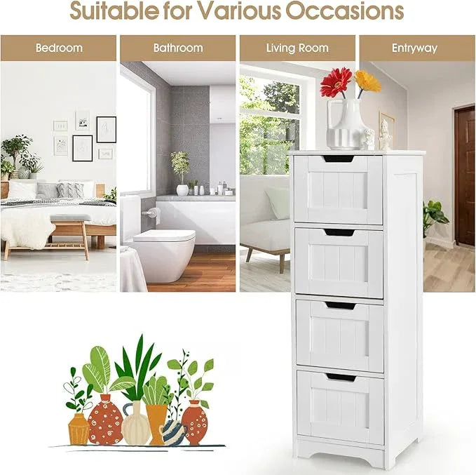 Tangkula Bathroom Floor Cabinet with 4 Drawers, 12 x 12 x 32 Inch, Freestanding Storage for Bath Living Room, Wooden Bathroom Cabinet for Home Office (White) - ModernBath