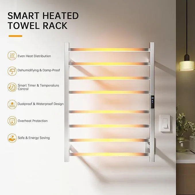 Towel Warmer Rack, Heated Towel Racks for Bathroom, Wall Mounted Towel Warmer, Stainless Steel 8-Bars Drying Rack with Intelligent Touch Screen Timer, Brushed Nickel - ModernBath