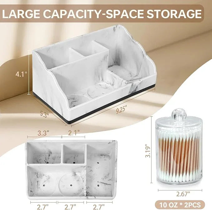 TuCao Marble Bathroom Countertop Organizer, Toothbrush Holders for Bathroom with 2PCS Qtip Holder Dispenser and Toothpaste Holder Drainage for Bathroom Accessories Organization Counter Vanity Storage - ModernBath