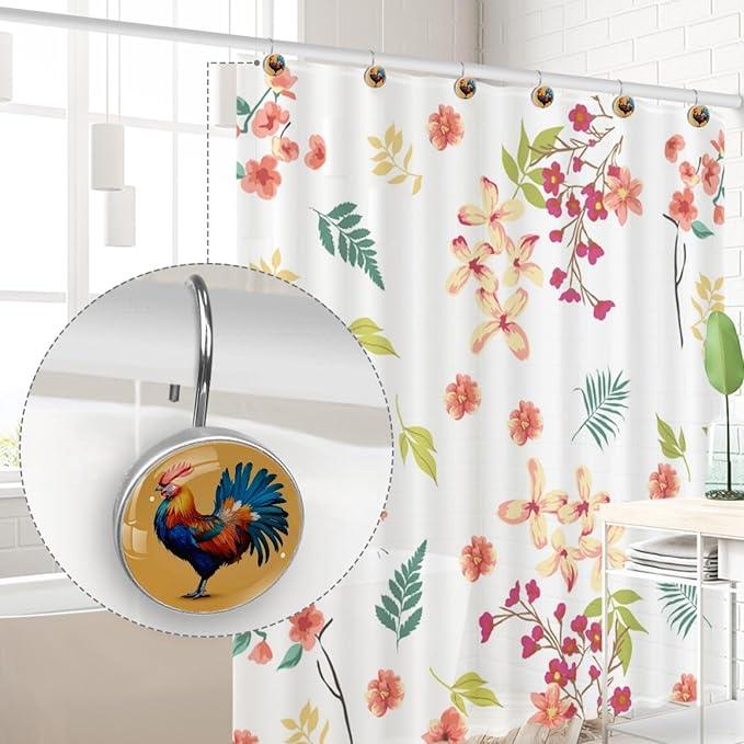 Rooster Shower Curtain Hooks, 12Pcs Decorative Rust Resistant Shower Rings for Shower Curtain Rods, Stainless Steel Round Curtain Hooks for Bathroom, Bedroom - ModernBath