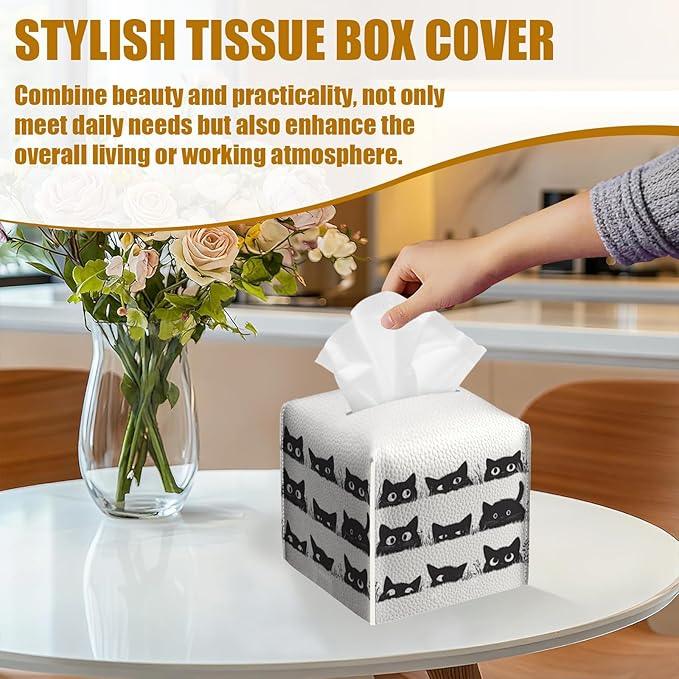 Cute Black Cat Tissue Box Cover 2PCS, Leather Tissue Box Holder Square Facial Paper Case Tissue Box Cube Organizer for Bathroom Bedroom Desk Office - ModernBath