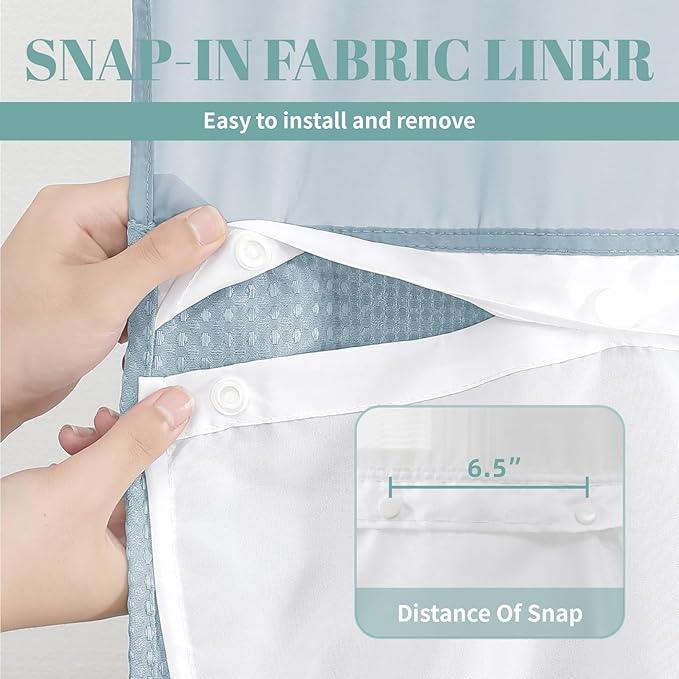 eachope Teal Hook Waffle Weave Shower Curtain with snap-in Liner Replacement, 230GSM Waterproof Fabric Hotel Shower Curtain Set for Bathroom, Through Mesh Top Window,71Wx77H - ModernBath