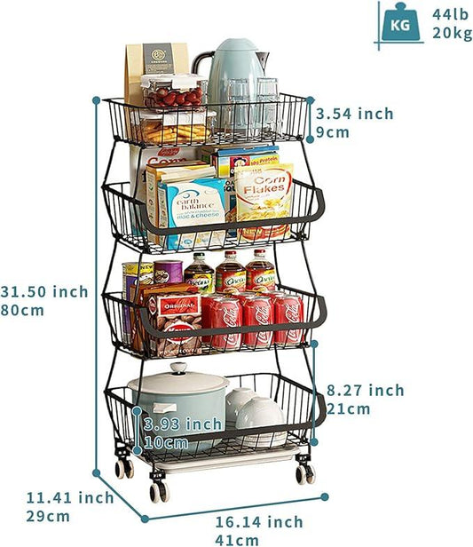 Metal Wire Baskets with Wheels, Stackable Storage Bins Kitchen Organizer Shelf 3-4-5-6 Tier Fruit Vegetable Cart Dishes Seasonal Rack Shelves for Garage, Pantry, Bathroom - ModernBath