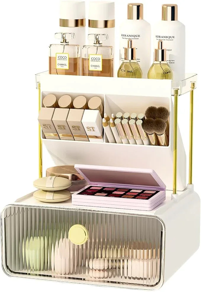 FOLLOWIN Bathroom Counter Organizer with Drawer,Dresser Top Organizer with Make Up Brush Holder,Makeup Shelf,Vanity Organizers,Cosmetic Perfume Organizer,Clear - ModernBath