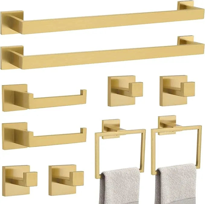 10-Piece Bathroom Hardware Accessories Set-Brushed Gold Towel Bar, Holder & Racks-SUS304 Stainless Steel-Wall Mounted,23.6-Inch - ModernBath