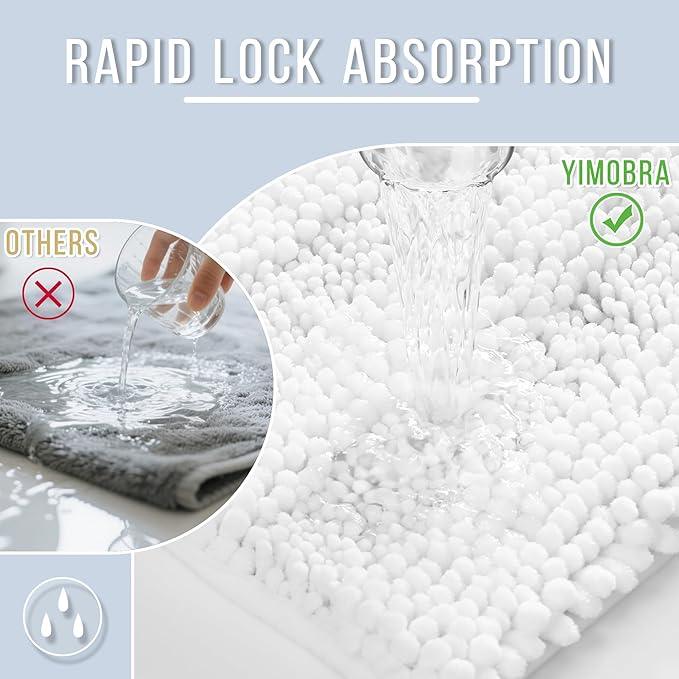 Yimobra Bathroom Rug Mat 47 x 24, Non Slip and Super Absorbent Bath Mat,Machine Washable Quick Dry,Ultra Plush Chenille Shower Rugs for Bathroom Floor Sink Tub and Shower Outside,White - ModernBath