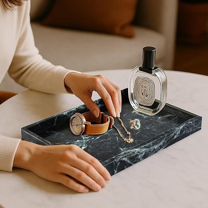 Koville Natural Marble Tray, 12x8“ Coffee Table Vanity/Decorative Tray for Jewerly, Watch, Perfume Candle Storage for Bedroom/Bathroom/Kitchen Countertop(Indian Green Marble) - ModernBath