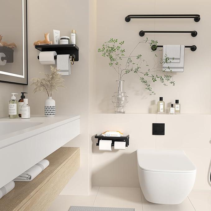 Toilet Paper Holder with Shelf,LigoVenmo Toilet Paper Holder Wall - Modern Minimal Aluminium Double Roll Design,Adhesive or Screw Bathroom Black Toilet Paper Roll Holder with Wipes Storage - ModernBath