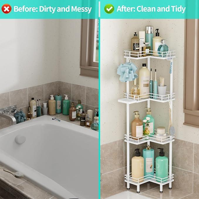 HapiRm Corner Shower Caddy Organizer - 4 Tier Shower Shelf Corner with Soap Holder, Rustproof Bathroom Standing Organizer with 4 Hooks, White - ModernBath