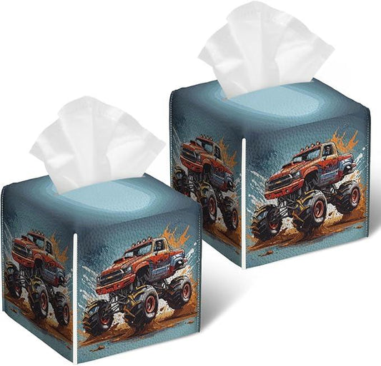 Monster Truck Tissue Box Cover 2PCS, Leather Tissue Box Holder Square Facial Paper Case Tissue Box Cube Organizer for Bathroom Bedroom Desk Office - ModernBath