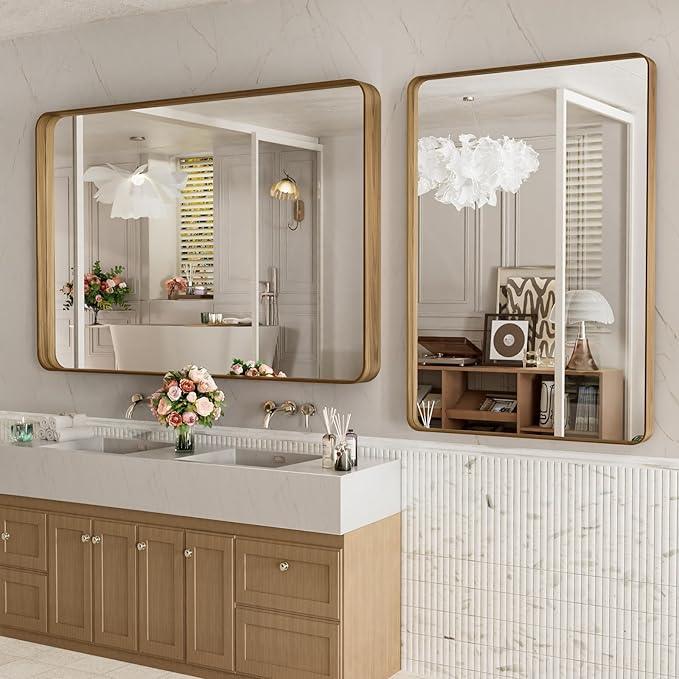LOAAO 48X32 Inch Bathroom Mirror with Wood Grain Colored Metal Frame, Rounded Rectangle Metal Framed Bathroom Mirror, Anti-Rust, Hangs Horizontally or Vertically, Tempered Glass - ModernBath