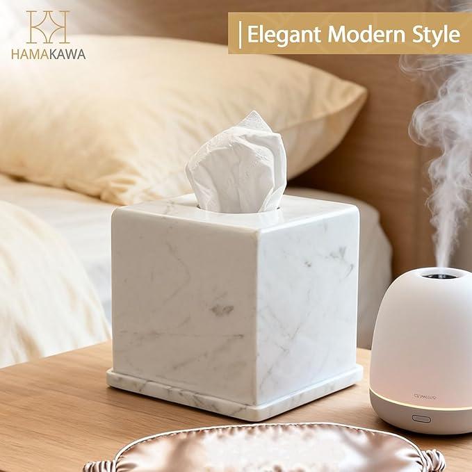 HAMAKAWA Natural Marble Tissue Box Cover, Volakas White Tissue Organizer 6 x 6 x 5.7 inch, Heavy Stone Decorative Box, Square Tissue Box Holder for Home Decor, Kitchen, Bathroom, Bedroom - ModernBath
