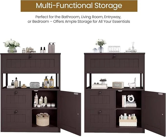 Bathroom Cabinet, Modern Bathroom Floor Storage Cabinet Organizer with 1 Door and 3 Drawers, Freestanding Cupboard for Kitchen/Living Room Use - ModernBath