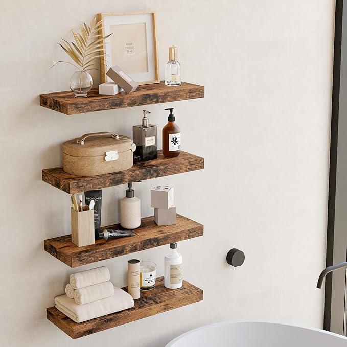 Fixwal 15.8in Wall Shelves, Rustic Wood Finish Floating Shelves Set of 4, Shelves for Wall Decor, with Invisible Brackets for Bathroom, Living Room,Bedroom and Kitchen(Rustic Brown) - ModernBath