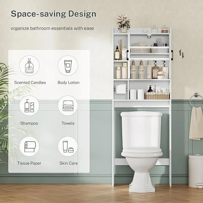 TEENFON Over The Toilet Storage Cabinet with 4 Open Shelves and Adjustable Shelf, Extra Tall Bathroom Organizer Unit with 2 Barn Doors, Home Space Saver for Bathroom, Laundry Room, White - ModernBath