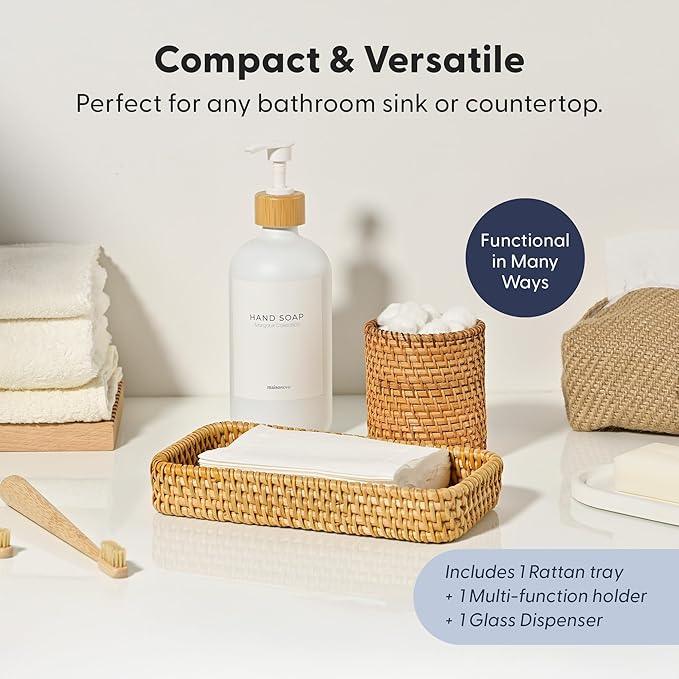 MaisoNovo Rattan Bathroom Set - White Countertop Dispenser, Toothbrush Holder & Toothpaste Cup with Tray - Set of 3 - Rattan Bathroom Vanity Trays Rectangle for Storage - ModernBath