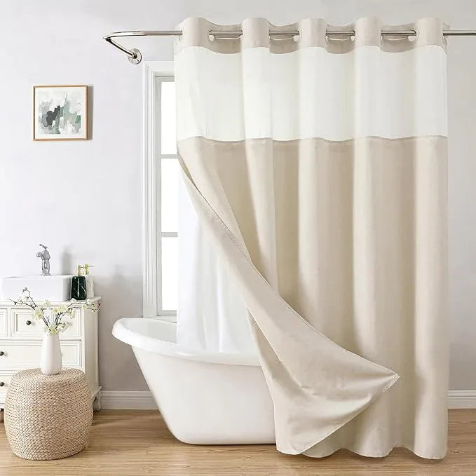 eachope Extra Long No Hooks Needed Linen Textured Shower Curtain with Snap-in Fabric Liner Set,Cream Hotel Luxury Decor Shower Curtains for Bathroom,Waterproof & Washable,71Wx86H - ModernBath