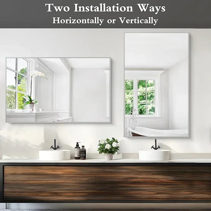 KOCUUY Silver Bathroom Mirror, 48"x30" Rectangle Bathroom Mirror for Wall, HD Tempered Glass, Anti-Rust Brushed Silver Frame, Modern Design for Bathroom, Bedroom, Living Room, Entryway. - ModernBath