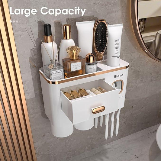 iHave Toothbrush Holders Wall Mounted with Toothpaste Dispenser & 2 Cups - Premium White and Gold Design for Bathroom Decor, All-in-One Bathroom Organizers & Storage for Toothbrushes and Accessories - ModernBath
