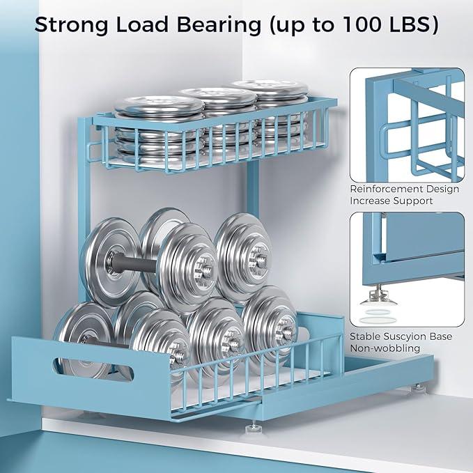 Under Sink Organizer Storage 2-Tier Premium Metal Pull-Out Racks, Height Adjustable, Heavy Dut and Easy Installation for Kitchen & Bathroom Organizers 1 Pack Teal - ModernBath