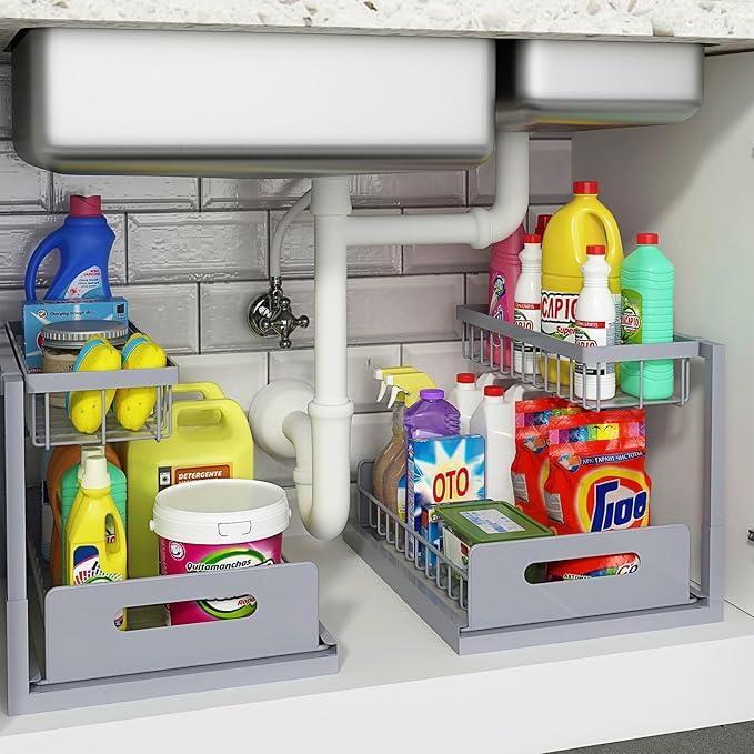REALINN Under Sink Organizer, Pull Out Cabinet Organizer 2 Tier Slide Out Sink Shelf Cabinet Storage Shelves, Storage for Kitchen Bathroom, Grey, 2 Pack - ModernBath