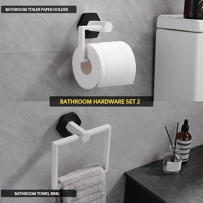 GERZWY Bathroom 2-Piece Hardware Set Stainless Steel Wall Mount - Towel Ring Toilet Paper Holder, White & Black - ModernBath