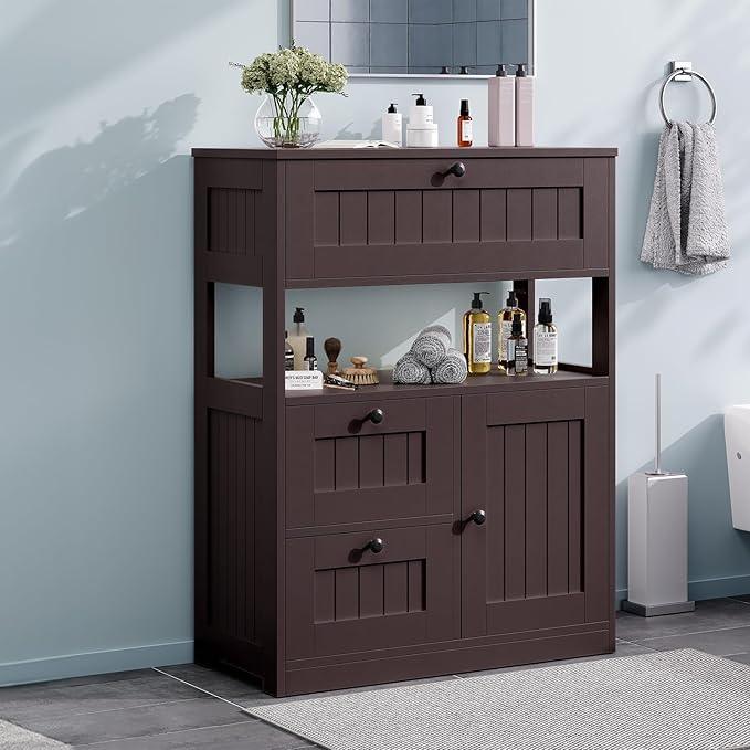 Bathroom Cabinet, Modern Bathroom Floor Storage Cabinet Organizer with 1 Door and 3 Drawers, Freestanding Cupboard for Kitchen/Living Room Use - ModernBath