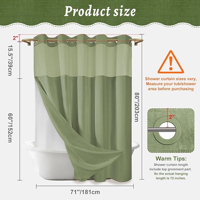 WONICY Long No Hook Shower Curtain with Snap in Liner, Polyester Textured Shower Curtain with Liner Set, Waterproof Washable Hotel Style Shower Curtains for Bathroom, 71Wx80H, Sage Green - ModernBath