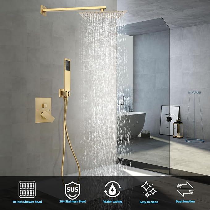 TENIGXT Bathroom Shower Faucet Set，10 Inch Rain Shower Head with Handheld Spray，Brass Shower Valve Trim Kit，Wall Mounted Square Rain Shower System (Brushed Gold) - ModernBath