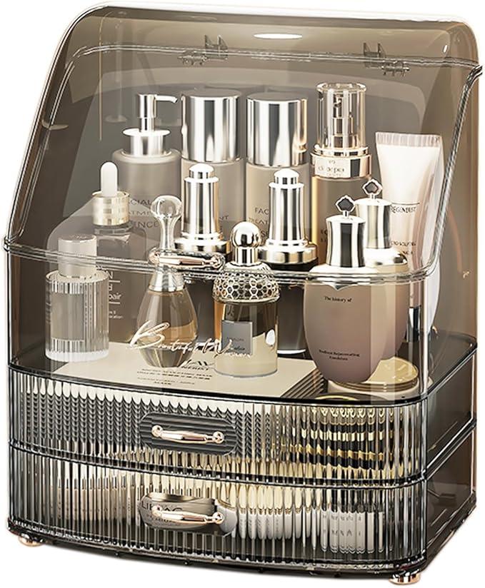Plukers Makeup Organizer Countertop Vanity with Transparent Lid Drawers Waterproof Dustproof Cosmetic Skincare Bathroom Storage Gift for Women Teens Girls (Clear Black) - ModernBath