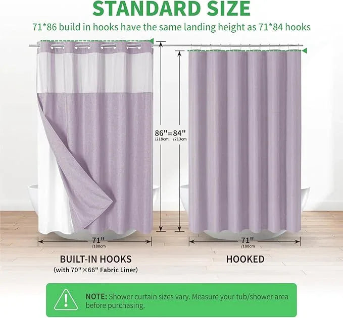 eachope Extra Long No Hooks Needed Linen Textured Shower Curtain with Snap-in Fabric Liner Set,White Hotel Luxury Decor Shower Curtains for Bathroom,Waterproof & Washable,71Wx86H,Lavender - ModernBath